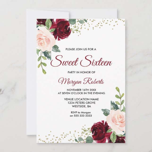Invitation Bourgogne Blush Floral Sweet 16 Anniversaire (Devant)