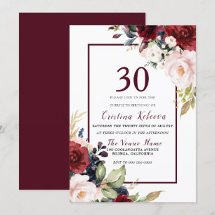 Invitation Bourgogne Blush Floral Womans Hommes 30e anniversa