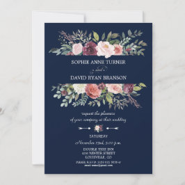 Invitation Bourgogne Blush Flowers Cadre Marine Mariage bleu