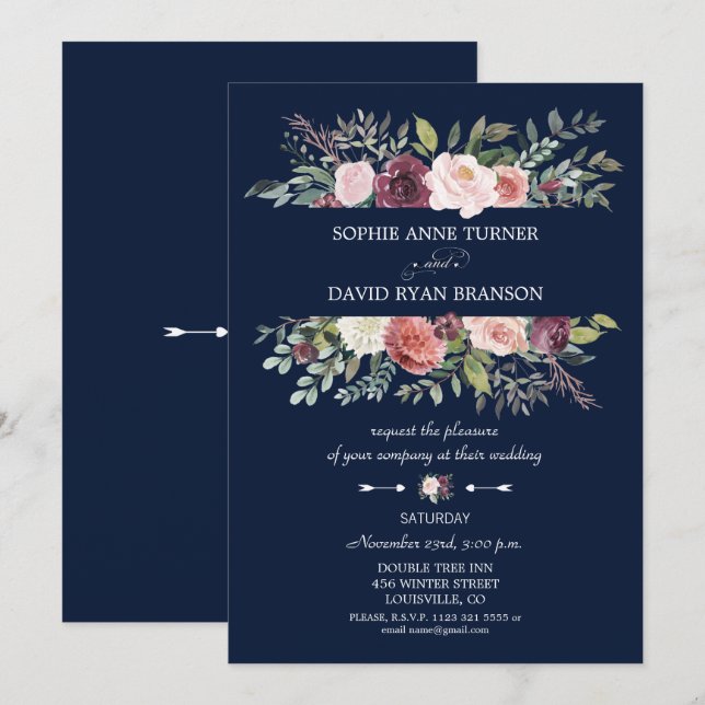 Invitation Bourgogne Blush Flowers Cadre Marine Mariage bleu (Devant / Derrière)