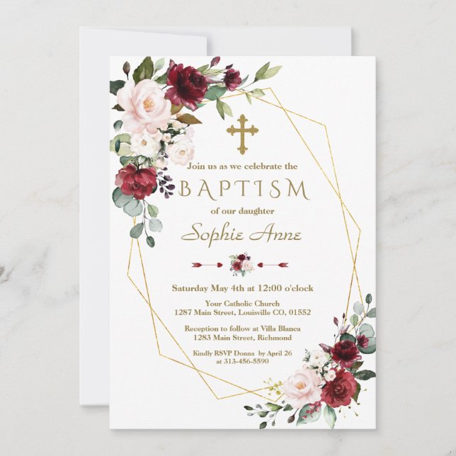 Invitation Bourgogne Blush Flowers Gold Frame Cross Baptême (Devant)