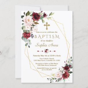 Invitation Bourgogne Blush Flowers Gold Frame Cross Baptême