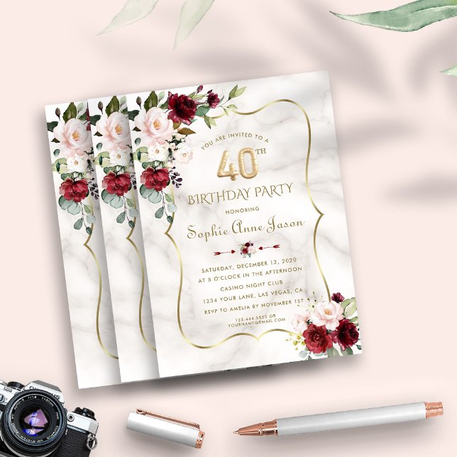 Invitation Bourgogne Blush Flowers Gold Marble 40e anniversai (Créateur téléchargé)
