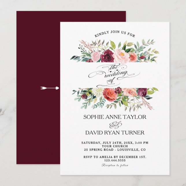 Invitation Bourgogne Blush Ivory Flowers Mariage de cadre (Devant / Derrière)