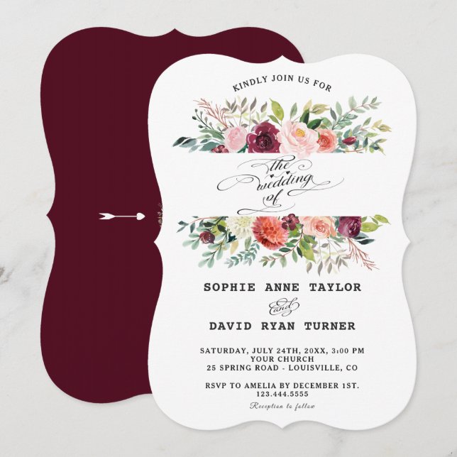 Invitation Bourgogne Blush Ivory Flowers Mariage de cadre (Devant / Derrière)