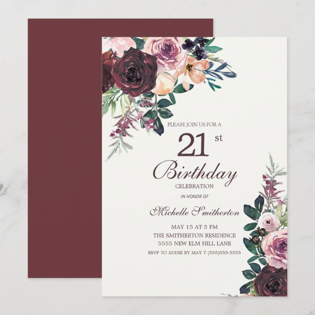 Invitation Bourgogne Blush rose Feuilles floraux 21e annivers (Devant / Derrière)