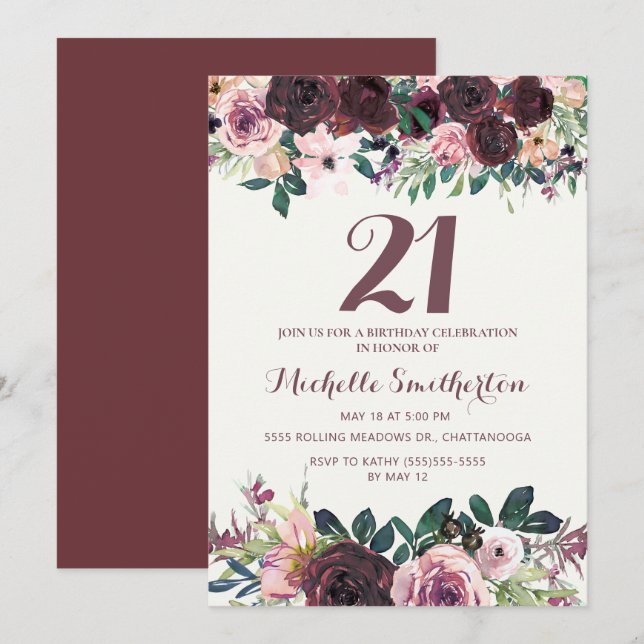 Invitation Bourgogne Blush rose Feuilles floraux 21e annivers (Devant / Derrière)
