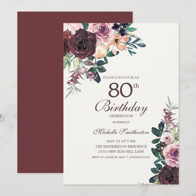 Invitation Bourgogne Blush rose Feuilles floraux 80e annivers (Devant / Derrière)