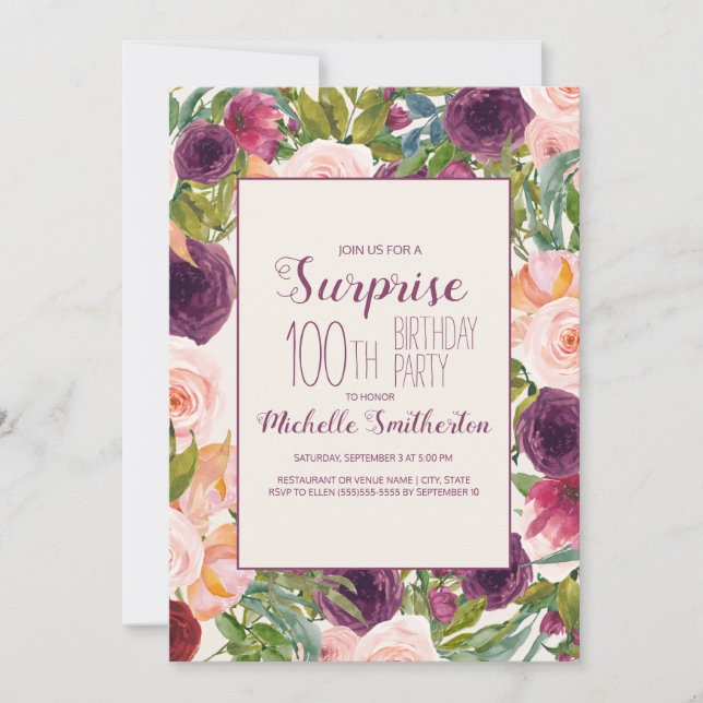Invitation Bourgogne Blush rose Floral 100e anniversaire (Devant)