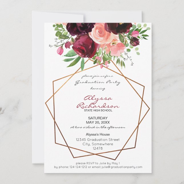 Invitation Bourgogne & Blush Rose Floral & Frame Graduation (Devant)