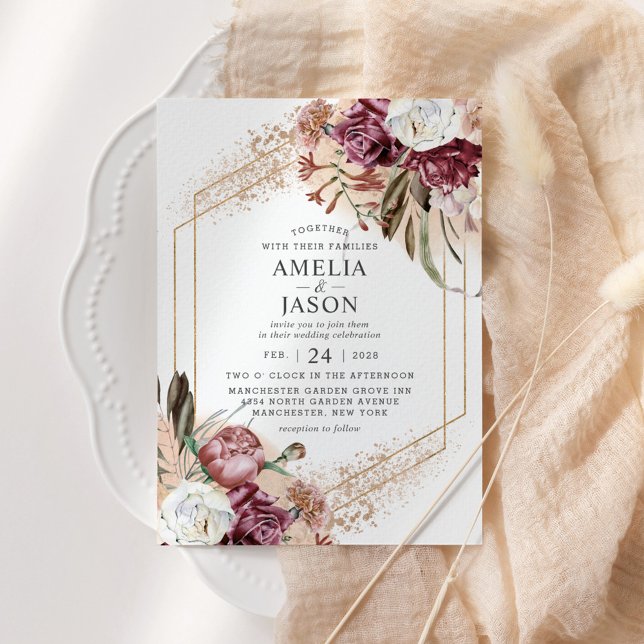 Invitation Bourgogne, Blush & Rose Gold Elegant Boho Invitati (Créateur téléchargé)