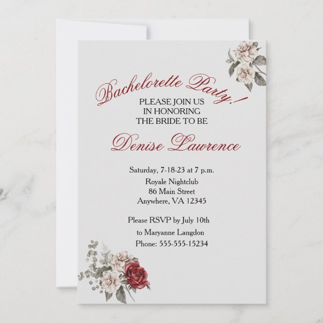 Invitation Bourgogne Blush White Bachelorette Party Invitatio (Devant)