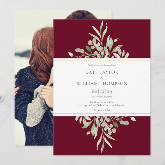 Invitation Bourgogne Botanical Greenery Mariage photo (Devant / Derrière)
