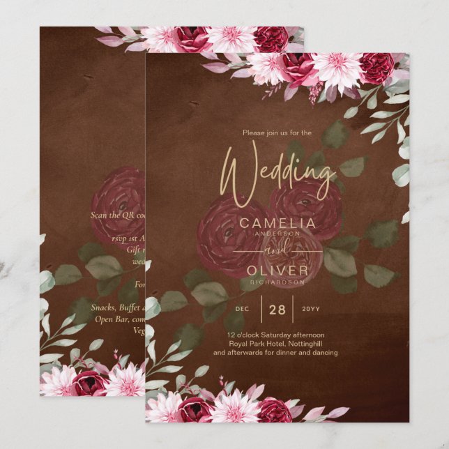 Invitation Bourgogne Brown Floral Winter Mariage de automne I (Devant / Derrière)
