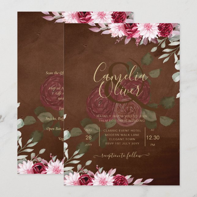 Invitation Bourgogne Brown Floral Winter Mariage de automne I (Devant / Derrière)