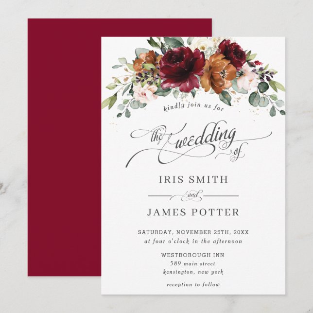 Invitation Bourgogne Burange Orange Blush Ivory Floral Mariag (Devant / Derrière)