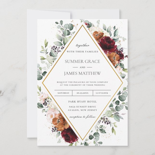 Invitation Bourgogne Burange Orange Blush Ivory Floral Mariag (Devant)
