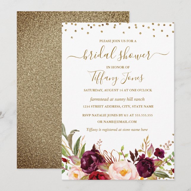 Invitation Bourgogne Confetti Floral Gold Fête des mariées (Devant / Derrière)
