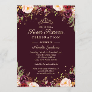 Invitation Bourgogne doré Élégant Floral Sweet Sixteen