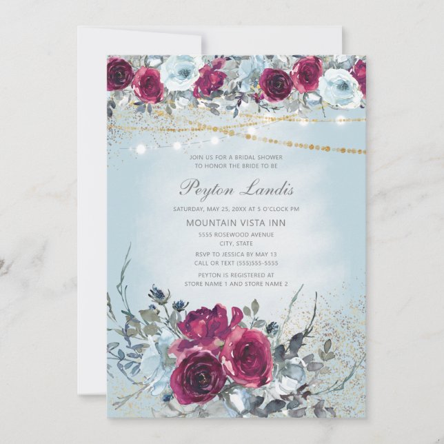 Invitation Bourgogne Dusty Blue Floral Parties scintillant Fê (Devant)