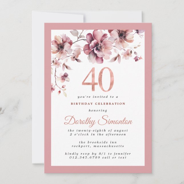 Invitation Bourgogne Dusty Blush rose floral 40e anniversaire (Devant)