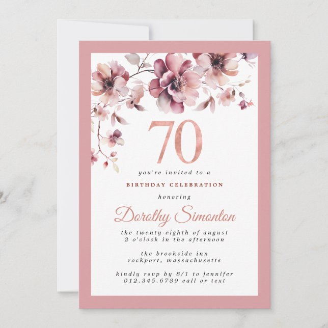 Invitation Bourgogne Dusty Blush Rose Floral 70e anniversaire (Devant)
