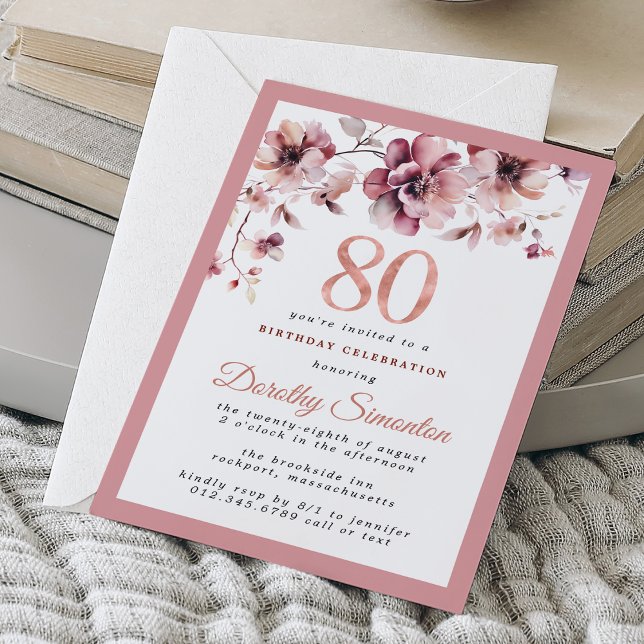 Invitation Bourgogne Dusty Blush Rose Floral 80e anniversaire (Créateur téléchargé)