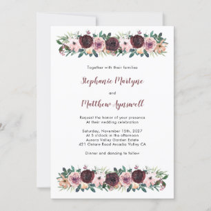 Invitation Bourgogne Dusty Rose Aquarelle Mariage Floral