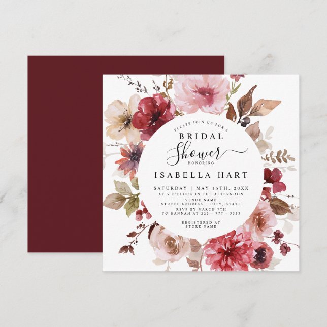 Invitation Bourgogne Dusty Rose Automne Fête des mariées flor (Devant / Derrière)