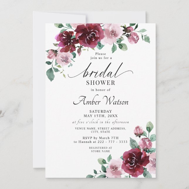 Invitation Bourgogne Dusty Rose Floral Maroon Fête des mariée (Devant)
