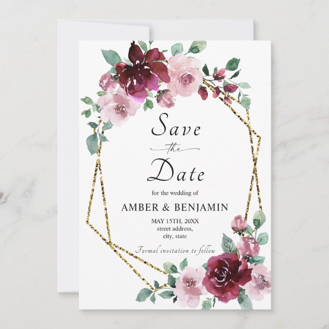 Invitation Bourgogne Dusty Rose Floral Or Enregistrer La Date (Devant)