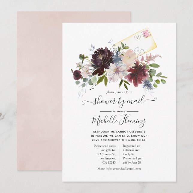 Invitation Bourgogne et Baby shower floral roux par courrier (Devant / Derrière)