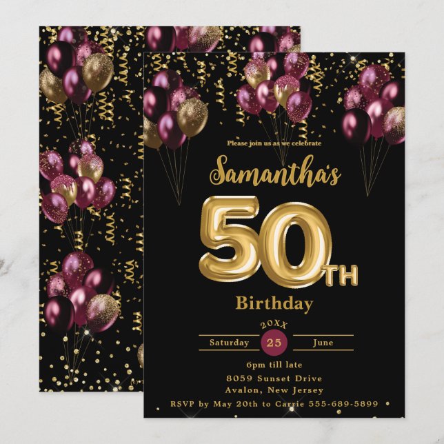 Invitation Bourgogne et Ballons d'or Confetti 50e anniversair (Devant / Derrière)