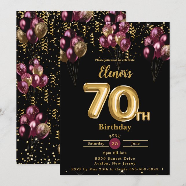 Invitation Bourgogne et Ballons d'or Confetti 70e anniversair (Devant / Derrière)