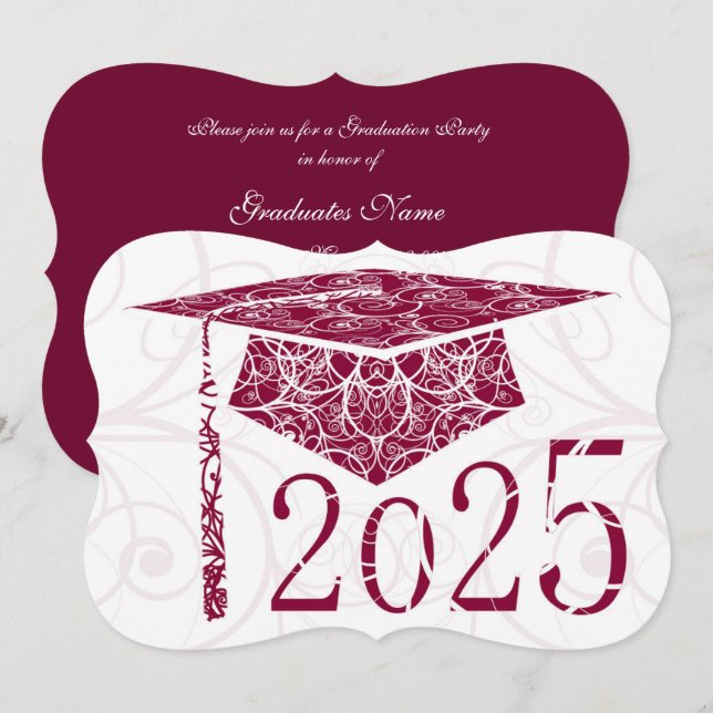 Invitation Bourgogne et blanc Casquette floral 2025 Graduatio (Devant / Derrière)