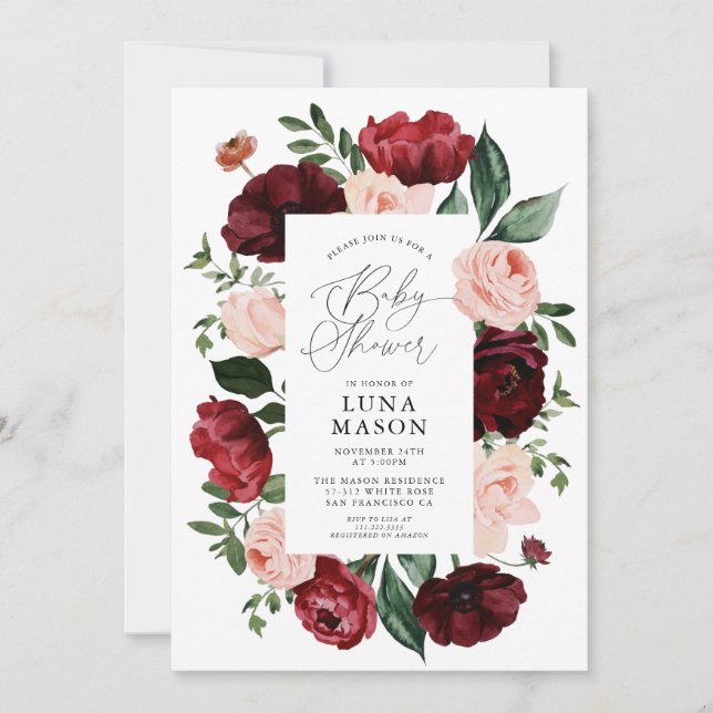 Invitation Bourgogne et bleu Aquarelle Baby shower Floral (Devant)