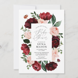Invitation Bourgogne et bleu Aquarelle Baby shower Floral