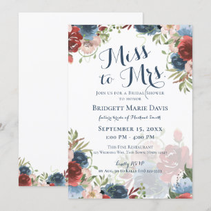 Invitation Bourgogne et bleu Floral Miss à Mme Bridal Showe