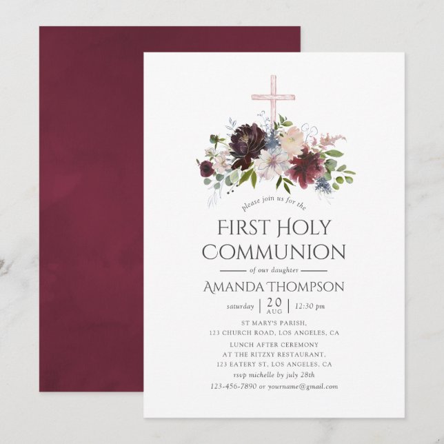 Invitation Bourgogne et Blush Floral Première communion saint (Devant / Derrière)