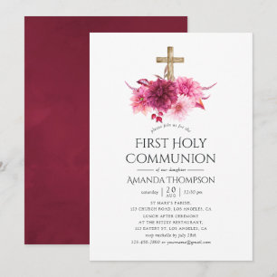 Invitation Bourgogne et Blush Floral Première communion saint