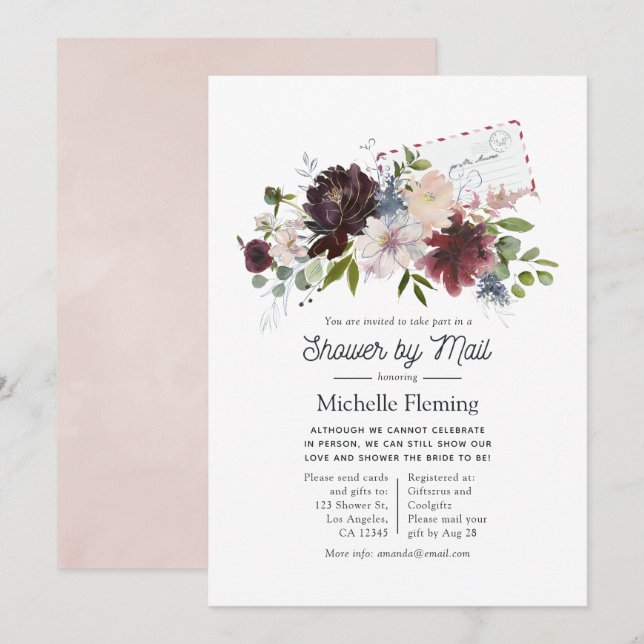 Invitation Bourgogne et Fête des mariées florale blush par co (Devant / Derrière)