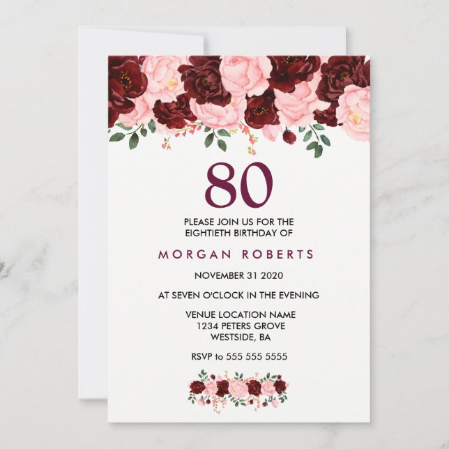 Invitation Bourgogne et fleurs roses 80e anniversaire Invitat (Devant)