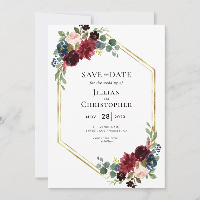 Invitation Bourgogne et floral marine enregistrer la date (Devant)