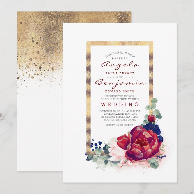 Invitation Bourgogne et marine Blue Floral Gold Frame Mariage (Devant / Derrière)