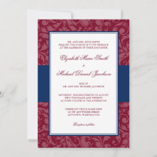 Invitation Bourgogne et marine Damask Swirl Wedding Invitatio
