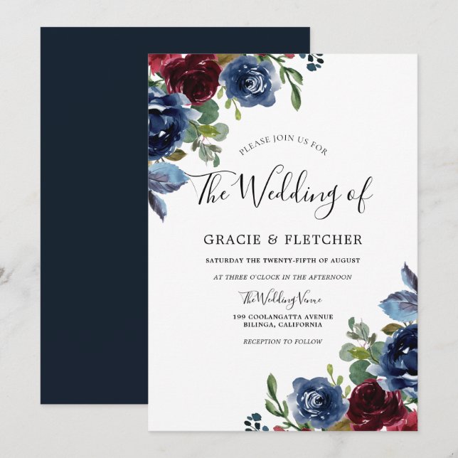 Invitation Bourgogne et marine Fleurs Indigo Mariage d'automn (Devant / Derrière)