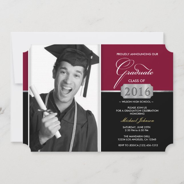 Invitation Bourgogne et Noir Classe moderne de 2016 Graduatio (Devant)