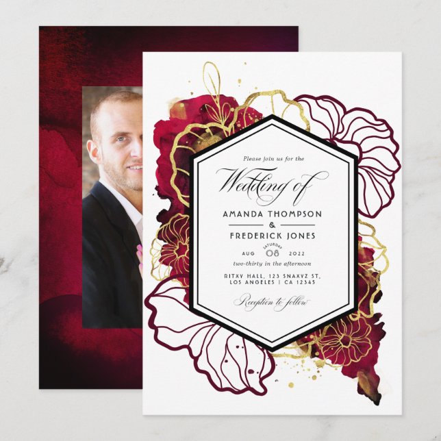 Invitation Bourgogne et or Abstrait Floral Mariage photo (Devant / Derrière)