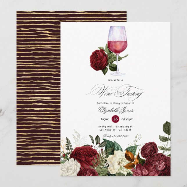 Invitation Bourgogne et or Floral Vin à thème Bachelorette (Devant / Derrière)