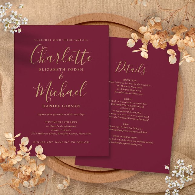 Invitation Bourgogne et or tout en un Mariage de script chic (Burgundy and Gold All In One Chic Script Wedding Invitation)